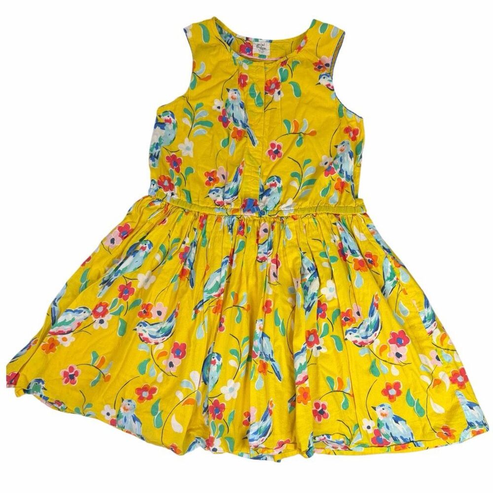 Mini Boden Girls  9-10 Canary Yellow Bird Patterned Dress